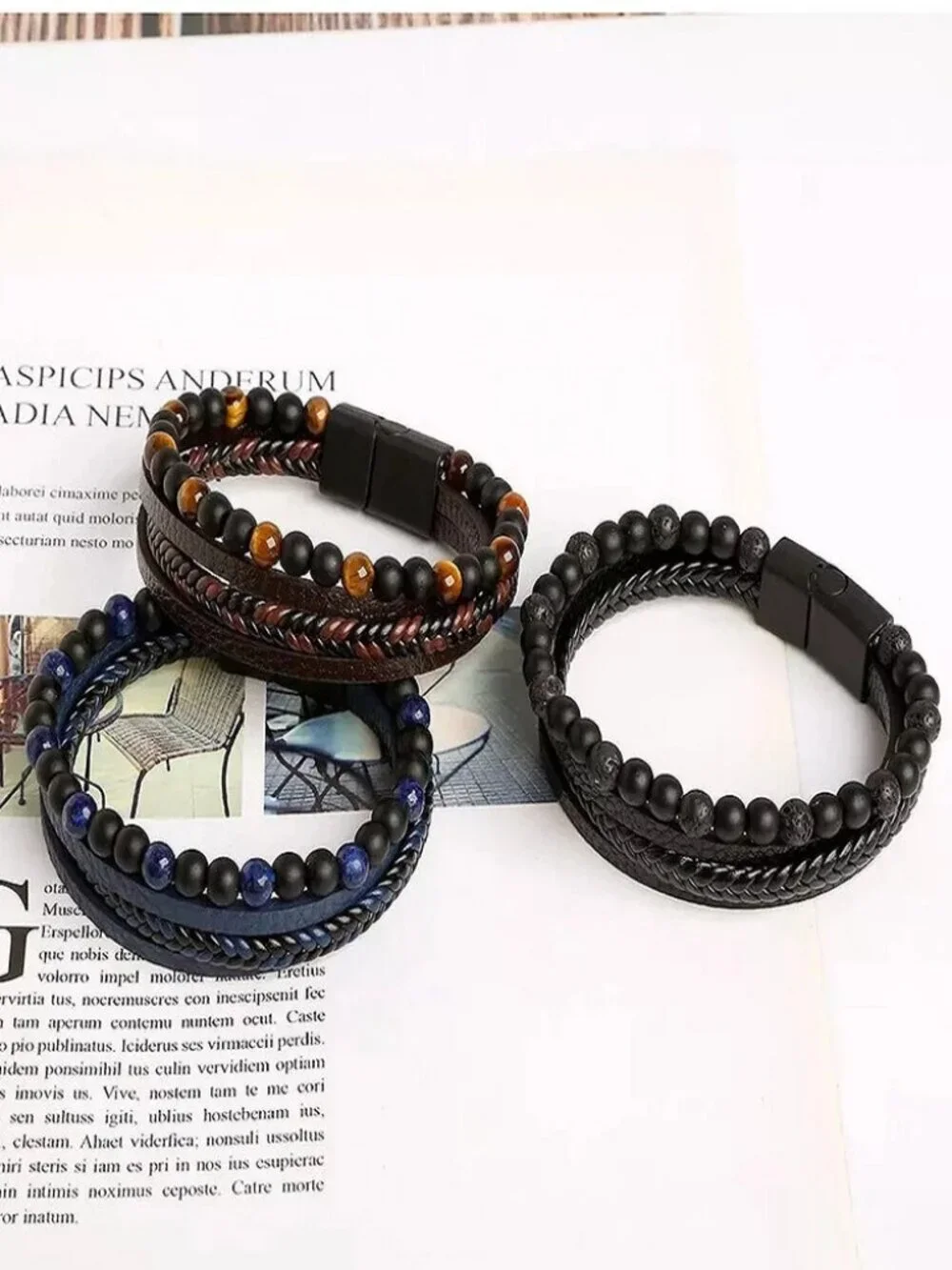 Men's Layered Braided Leather Beaded Bracelet With Tiger Eye Natural Stone - Picture 7 of 10